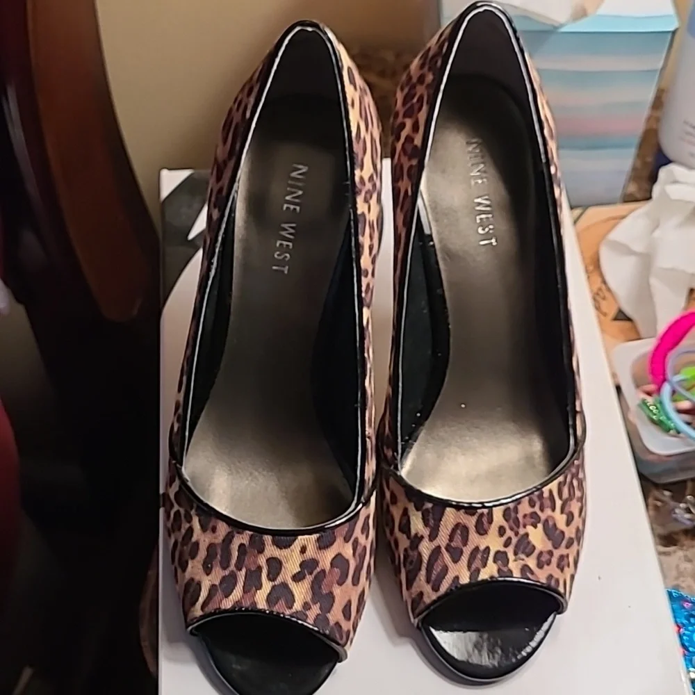 Nine West Leopard Print Peep-Toe Heels - Brown & Black
